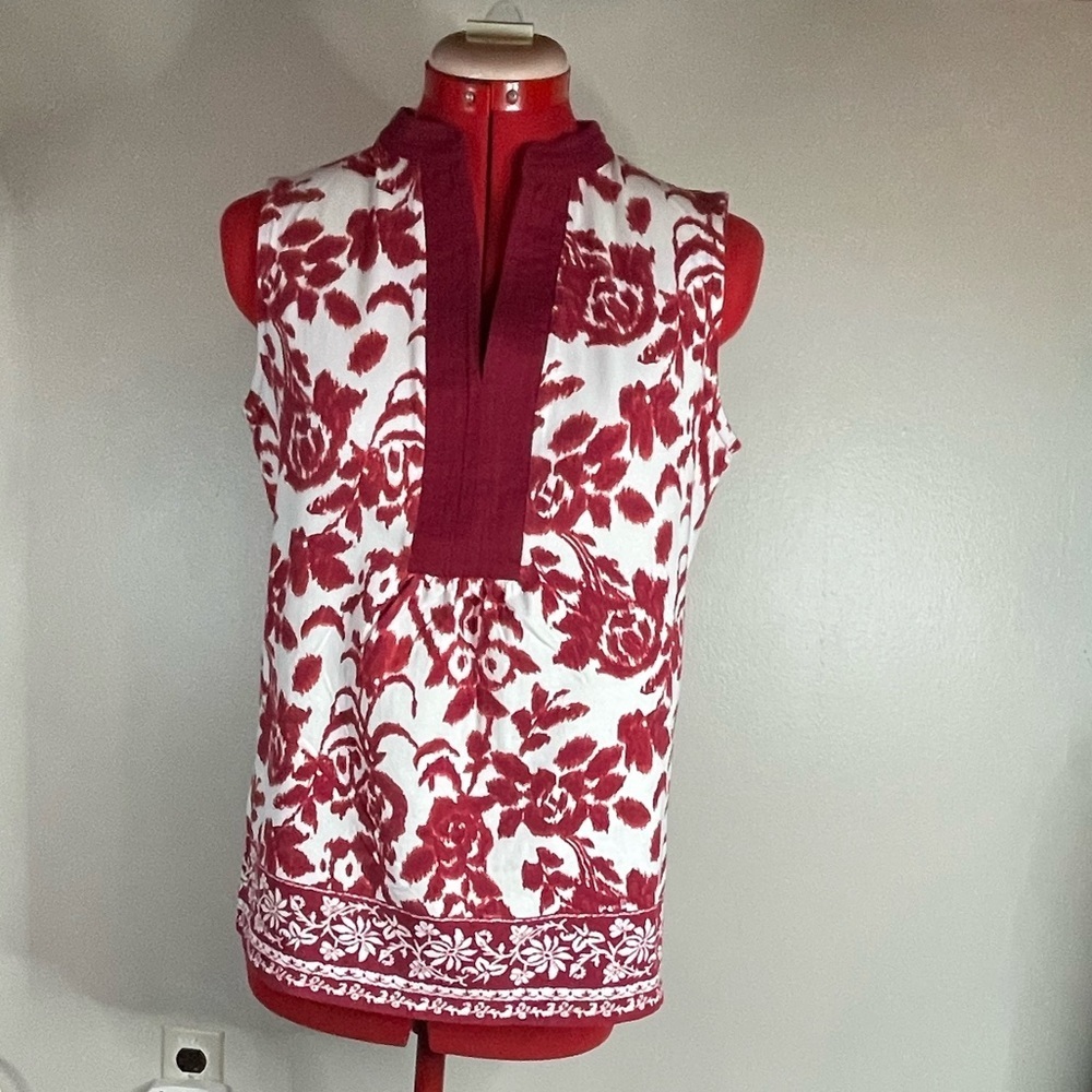 Charter Club Floral Sleeveless Split Neck Top Sz M